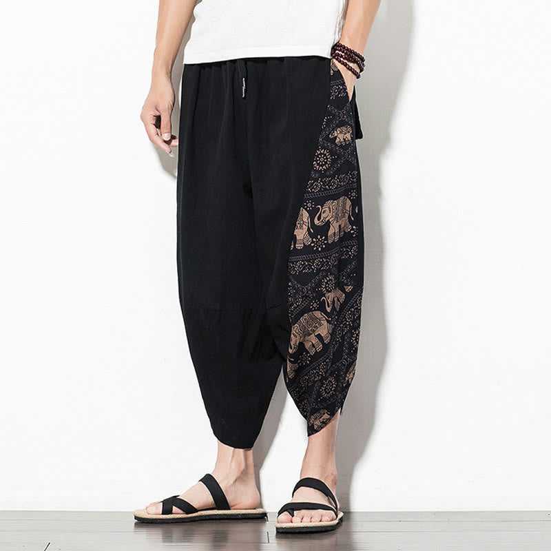 Pantaloni harem da uomo in cotone con stampa elefante marrone Buddha Stones con tasche