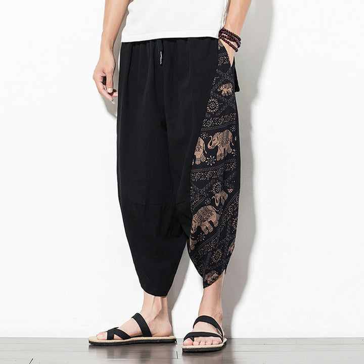 Pantaloni harem da uomo in cotone con stampa elefante marrone Buddha Stones con tasche