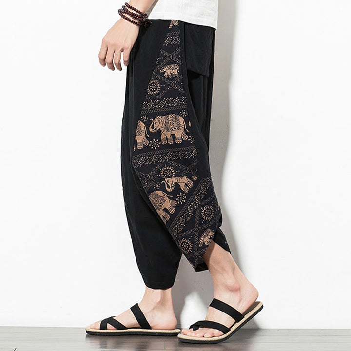Pantaloni harem da uomo in cotone con stampa elefante marrone Buddha Stones con tasche