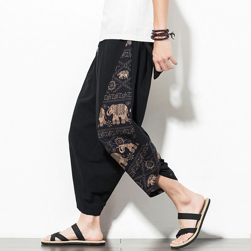 Pantaloni harem da uomo in cotone con stampa elefante marrone Buddha Stones con tasche - Nero - US/UK/AU46, EU56 (5XL) - image 0