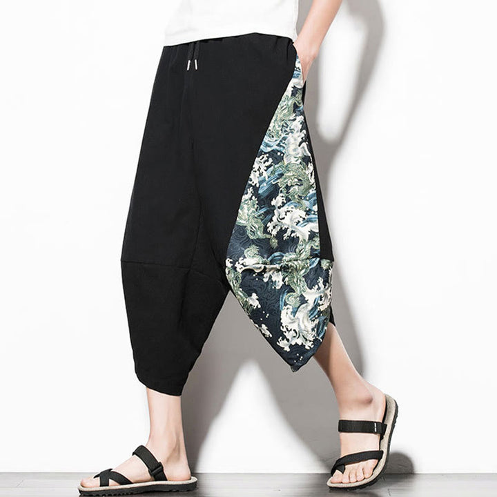 Pantaloni harem da uomo in cotone con stampa Buddha Stones Green Waves e tasche