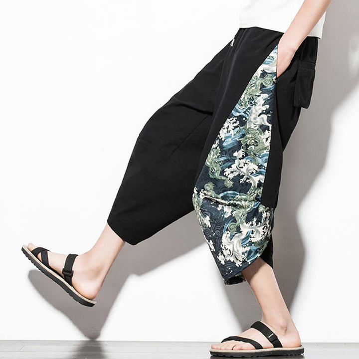 Pantaloni harem da uomo in cotone con stampa Buddha Stones Green Waves e tasche