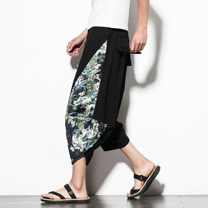 Pantaloni harem da uomo in cotone con stampa Buddha Stones Green Waves e tasche