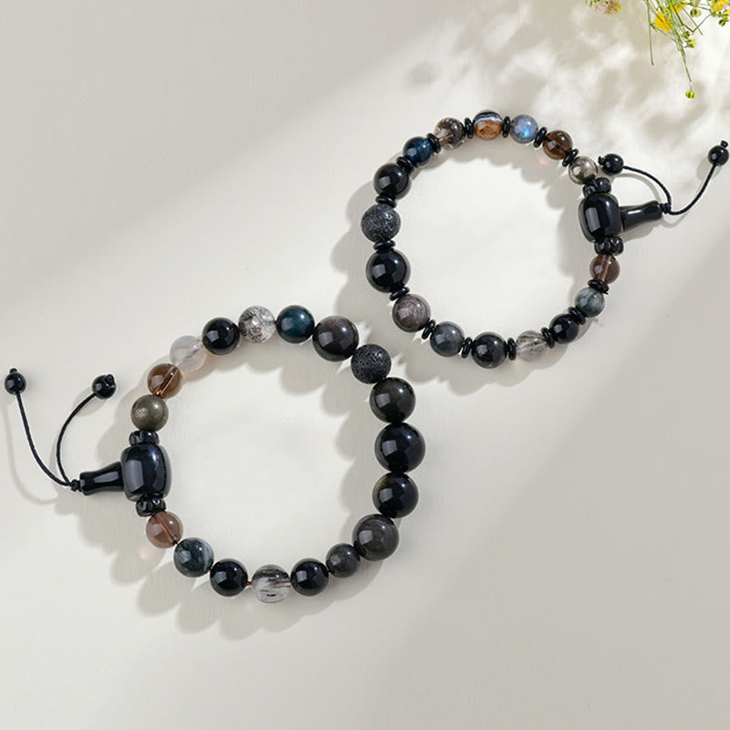 Buddha Stones Cinque Elementi Vari Cristallo Ossidiana Nera Bracciale Ricchezza Saggezza
