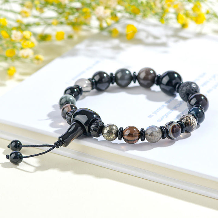Buddha Stones Cinque Elementi Vari Cristallo Ossidiana Nera Bracciale Ricchezza Saggezza