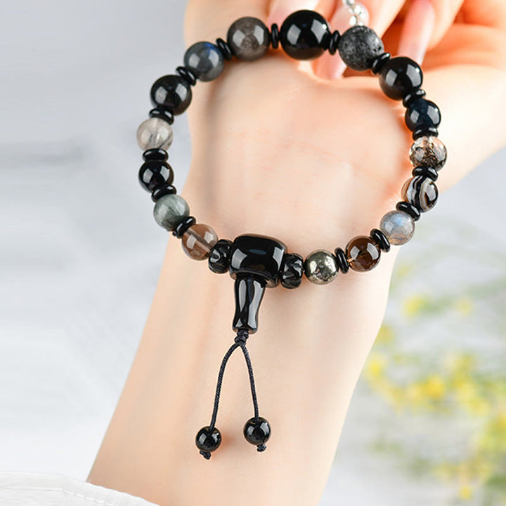 Buddha Stones Cinque Elementi Vari Cristallo Ossidiana Nera Bracciale Ricchezza Saggezza