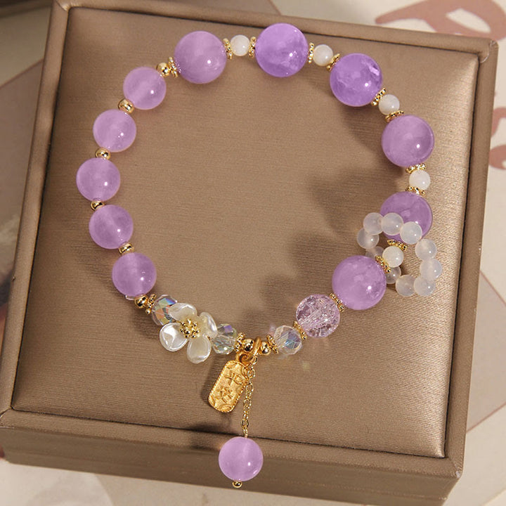 Braccialetto di guarigione naturale con fiore di calcedonio, ametista e cristallo blu Buddha Stones