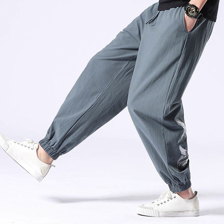 Pantaloni harem da uomo con coulisse e tasche con ricamo a gru bianca Buddha Stones - image 5