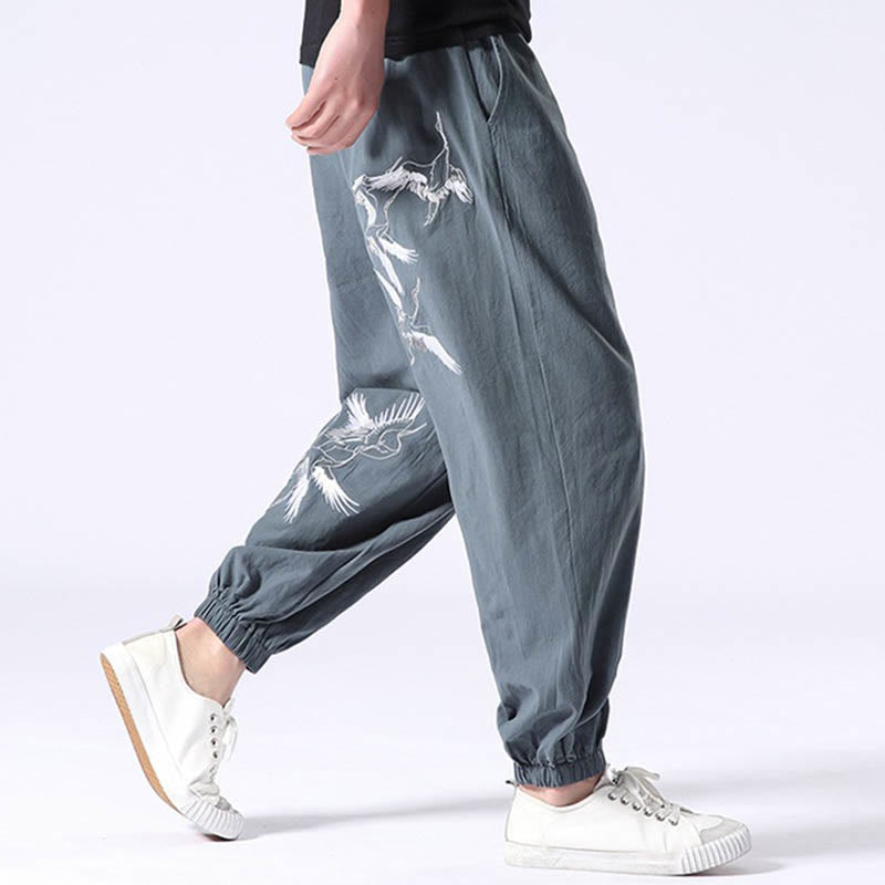 Pantaloni harem da uomo con coulisse e tasche con ricamo a gru bianca Buddha Stones - image 1