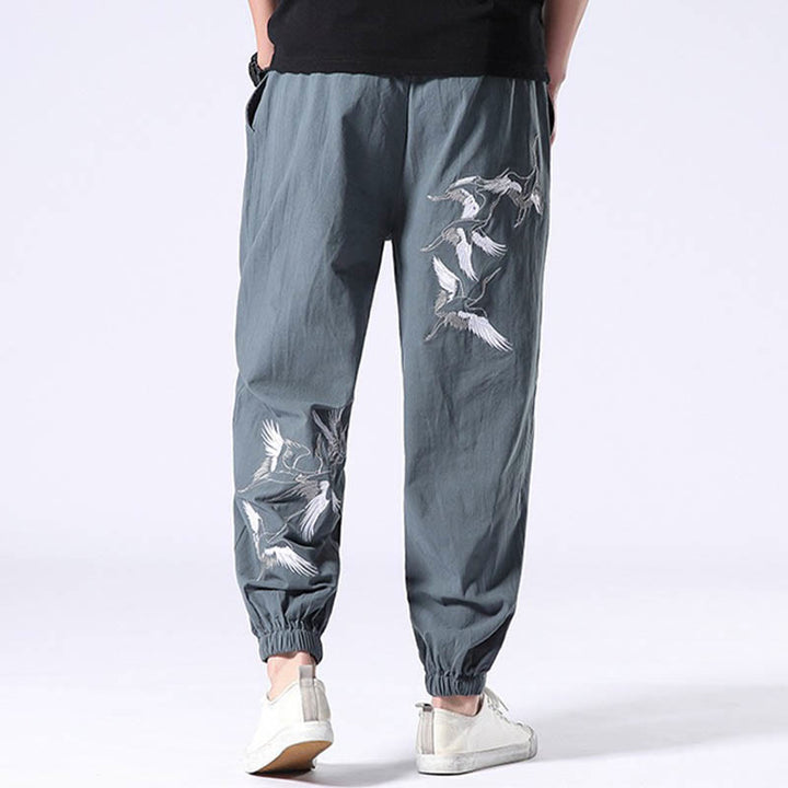 Pantaloni harem da uomo con coulisse e tasche con ricamo a gru bianca Buddha Stones - image 4