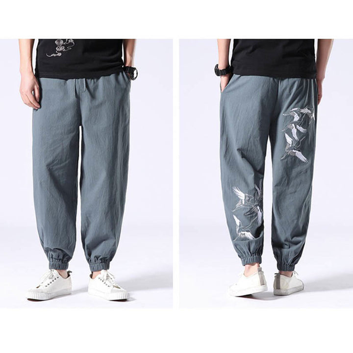 Pantaloni harem da uomo con coulisse e tasche con ricamo a gru bianca Buddha Stones - image 5