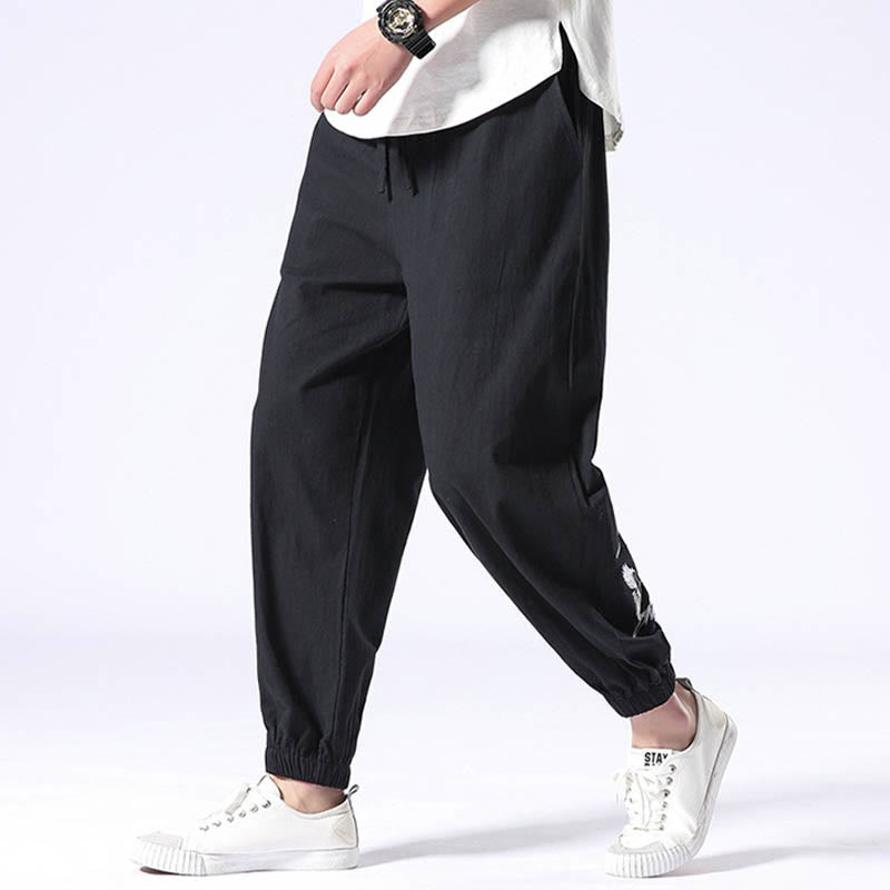 Pantaloni harem da uomo con coulisse e tasche con ricamo a gru bianca Buddha Stones - image 9