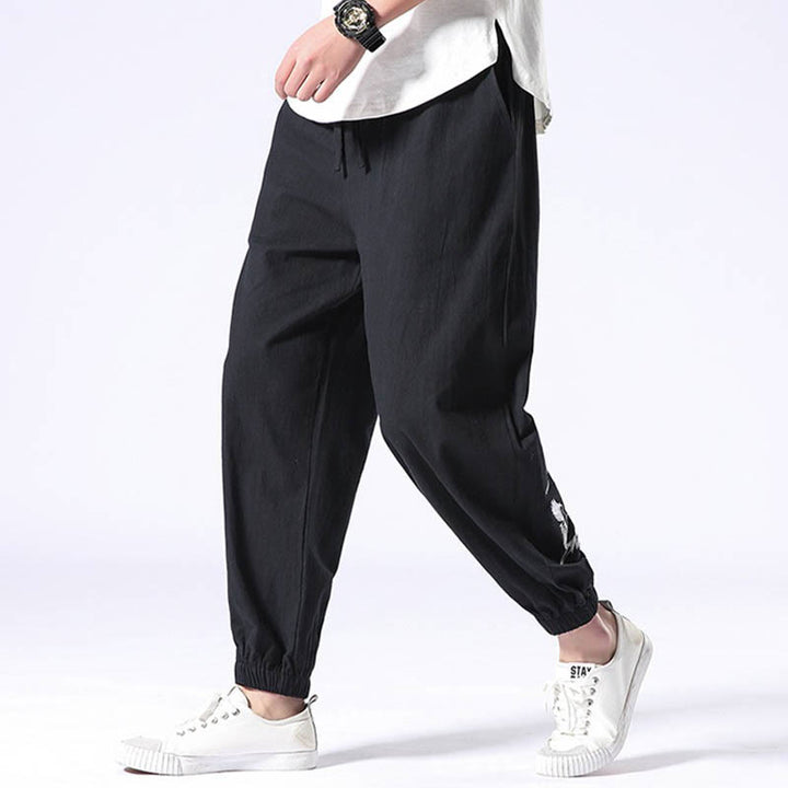 Pantaloni harem da uomo con coulisse e tasche con ricamo a gru bianca Buddha Stones - image 9