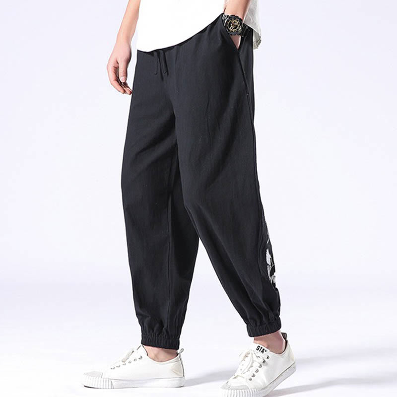 Pantaloni harem da uomo con coulisse e tasche con ricamo a gru bianca Buddha Stones - image 10