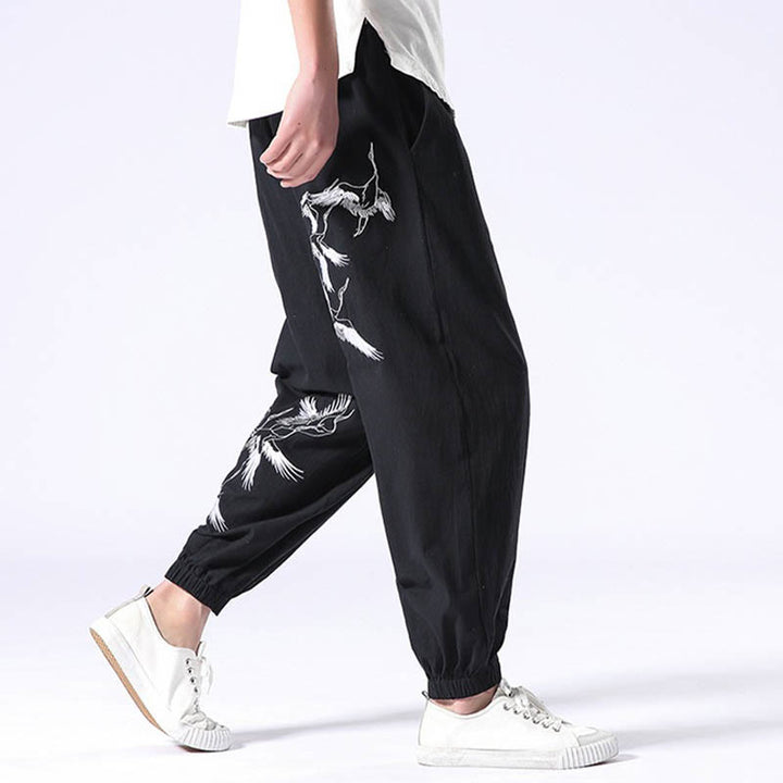 Pantaloni harem da uomo con coulisse e tasche con ricamo a gru bianca Buddha Stones - image 8