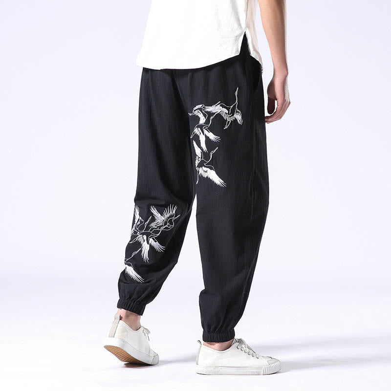 Pantaloni harem da uomo con coulisse e tasche con ricamo a gru bianca Buddha Stones - Nero - US/UK/AU42, EU52 (3XL) - image 7
