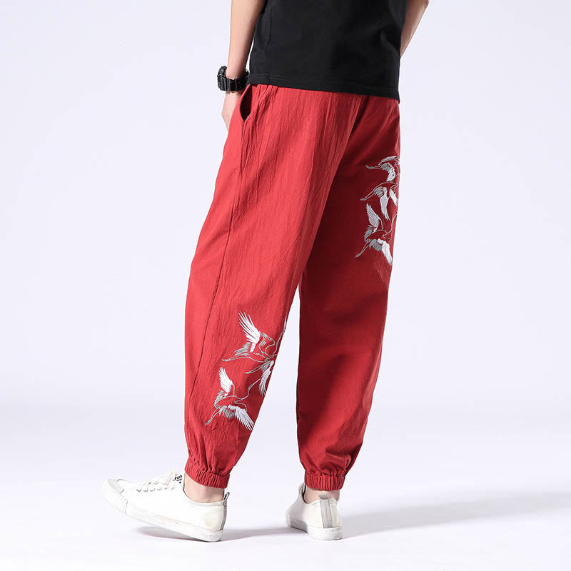 Pantaloni harem da uomo con coulisse e tasche con ricamo a gru bianca Buddha Stones - Rosso - US/UK/AU42, EU52 (3XL) - image 12