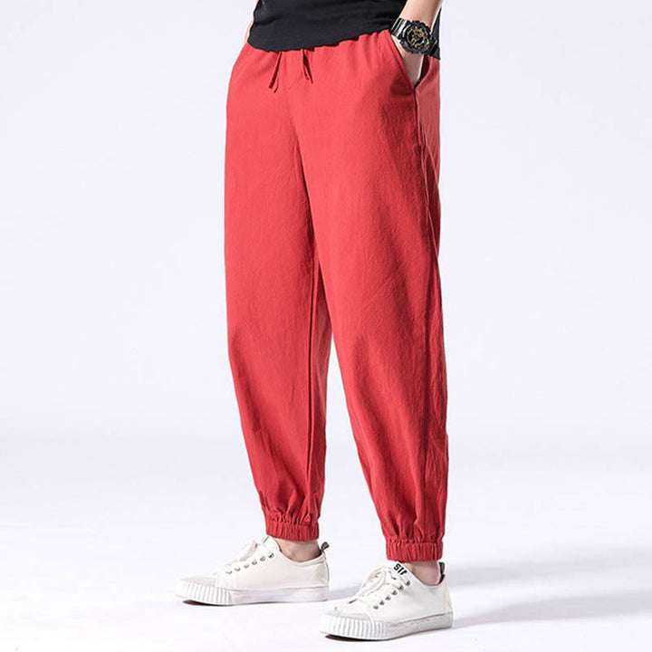 Pantaloni harem da uomo con coulisse e tasche con ricamo a gru bianca Buddha Stones - image 15