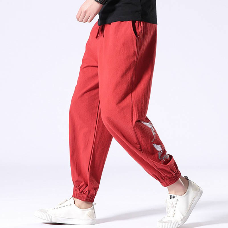 Pantaloni harem da uomo con coulisse e tasche con ricamo a gru bianca Buddha Stones - image 13