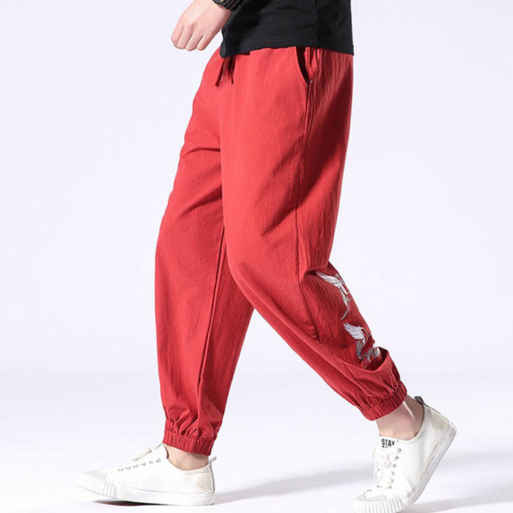 Pantaloni harem da uomo con coulisse e tasche con ricamo a gru bianca Buddha Stones - image 13