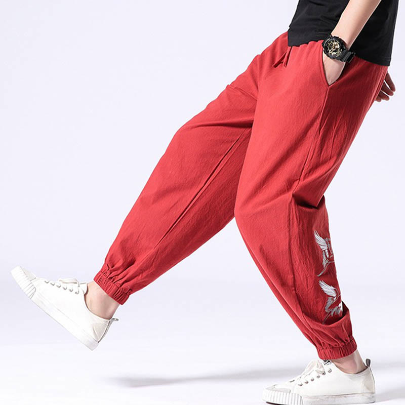Pantaloni harem da uomo con coulisse e tasche con ricamo a gru bianca Buddha Stones - image 18