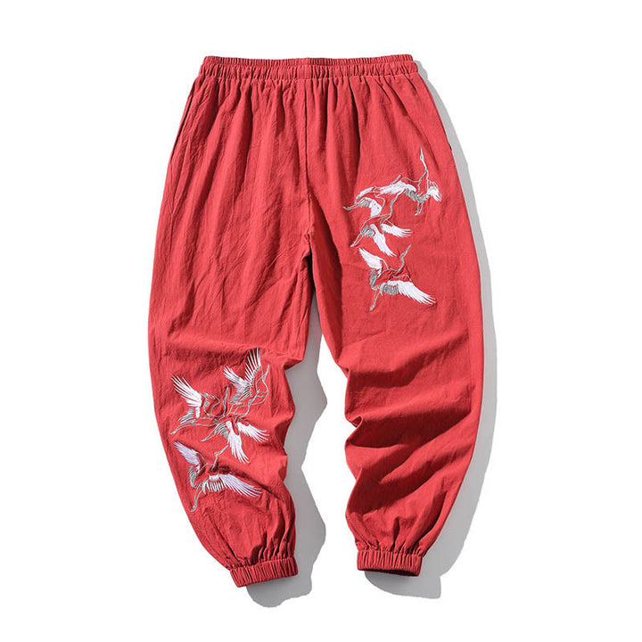 Pantaloni harem da uomo con coulisse e tasche con ricamo a gru bianca Buddha Stones - image 19
