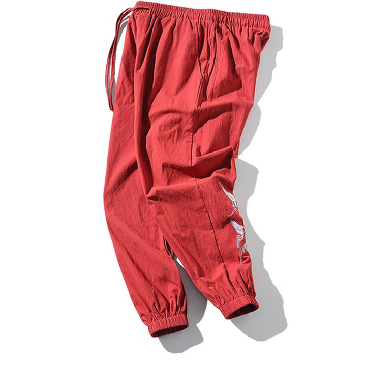 Pantaloni harem da uomo con coulisse e tasche con ricamo a gru bianca Buddha Stones - image 21