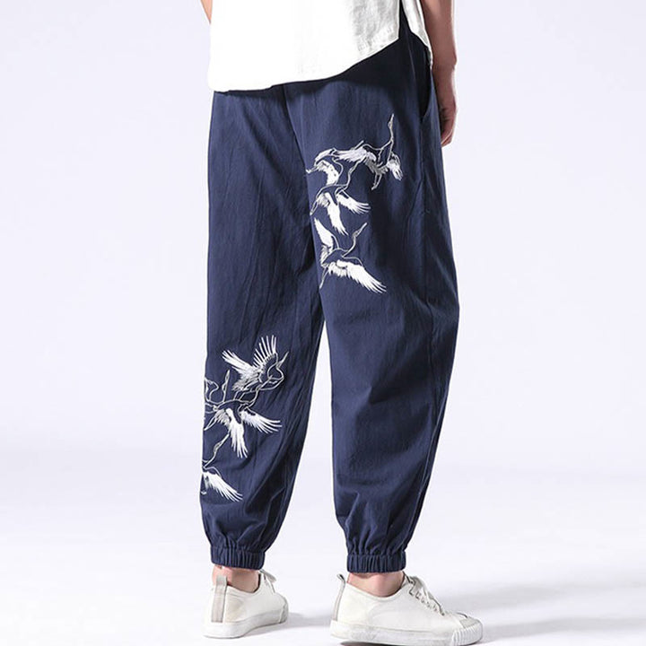 Pantaloni harem da uomo con coulisse e tasche con ricamo a gru bianca Buddha Stones - image 24