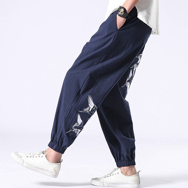 Pantaloni harem da uomo con coulisse e tasche con ricamo a gru bianca Buddha Stones - image 26