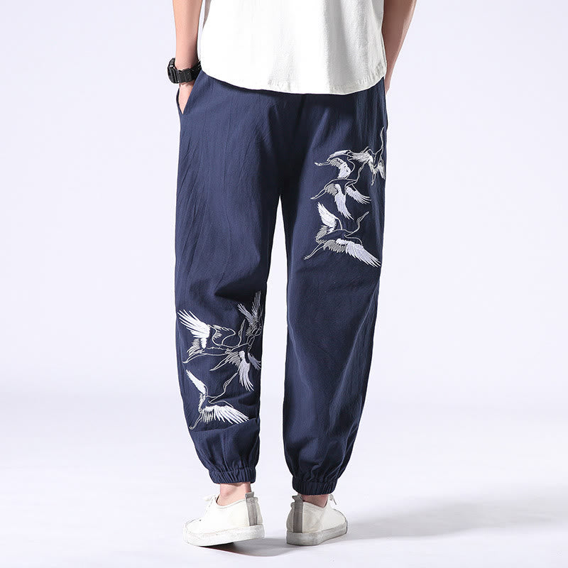 Pantaloni harem da uomo con coulisse e tasche con ricamo a gru bianca Buddha Stones - SteelBlue - US/UK/AU42, EU52 (3XL) - image 23