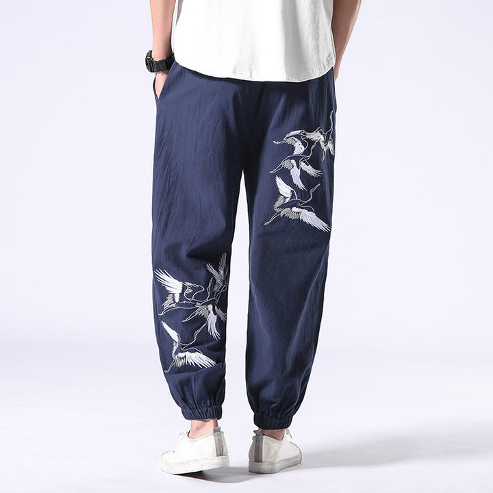 Pantaloni harem da uomo con coulisse e tasche con ricamo a gru bianca Buddha Stones - SteelBlue - US/UK/AU42, EU52 (3XL) - image 23