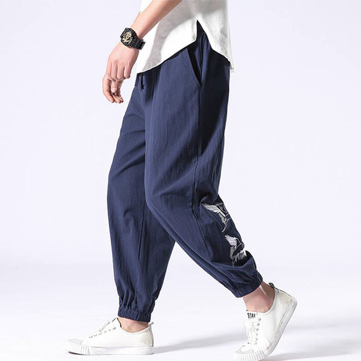 Pantaloni harem da uomo con coulisse e tasche con ricamo a gru bianca Buddha Stones - image 24