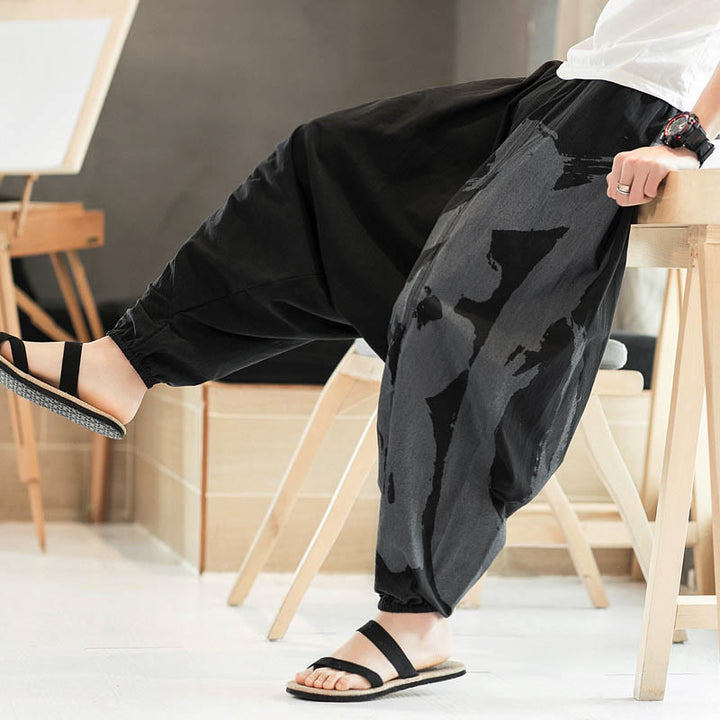 Pantaloni harem da uomo in cotone con tasche, motivo semplice estivo con calligrafia Buddha Stones