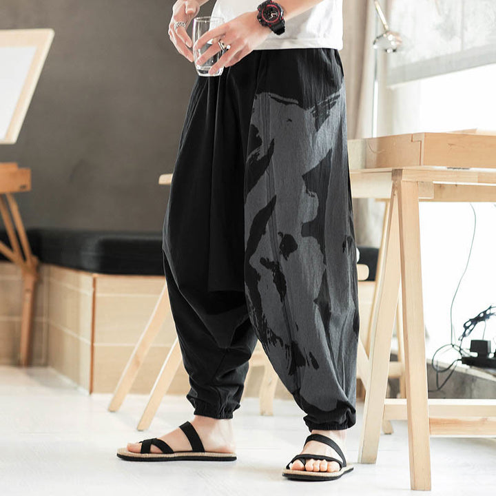 Pantaloni harem da uomo in cotone con tasche, motivo semplice estivo con calligrafia Buddha Stones