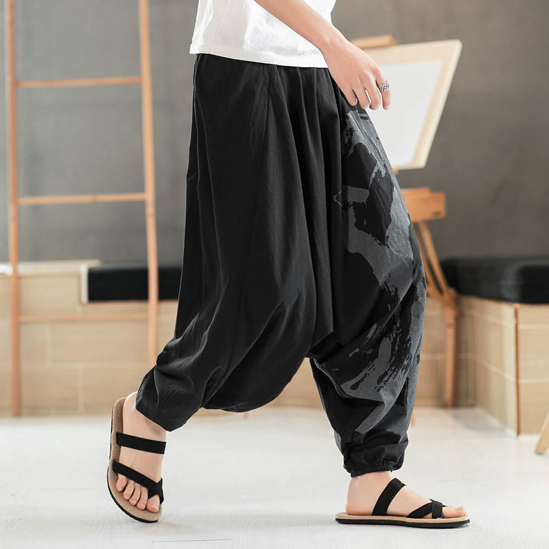 Pantaloni harem da uomo in cotone con tasche, motivo semplice estivo con calligrafia Buddha Stones