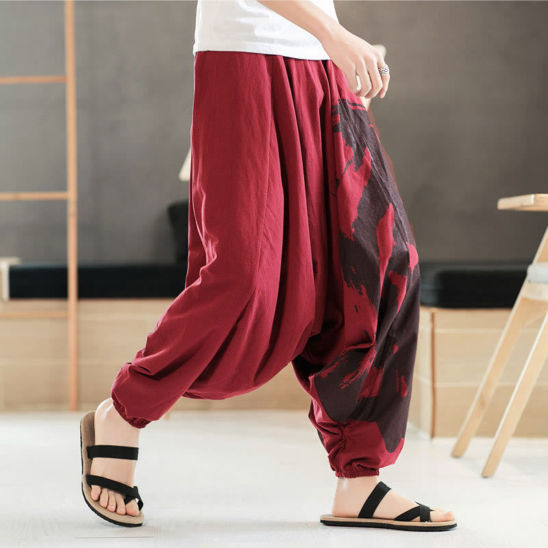 Pantaloni harem da uomo in cotone con tasche, motivo semplice estivo con calligrafia Buddha Stones