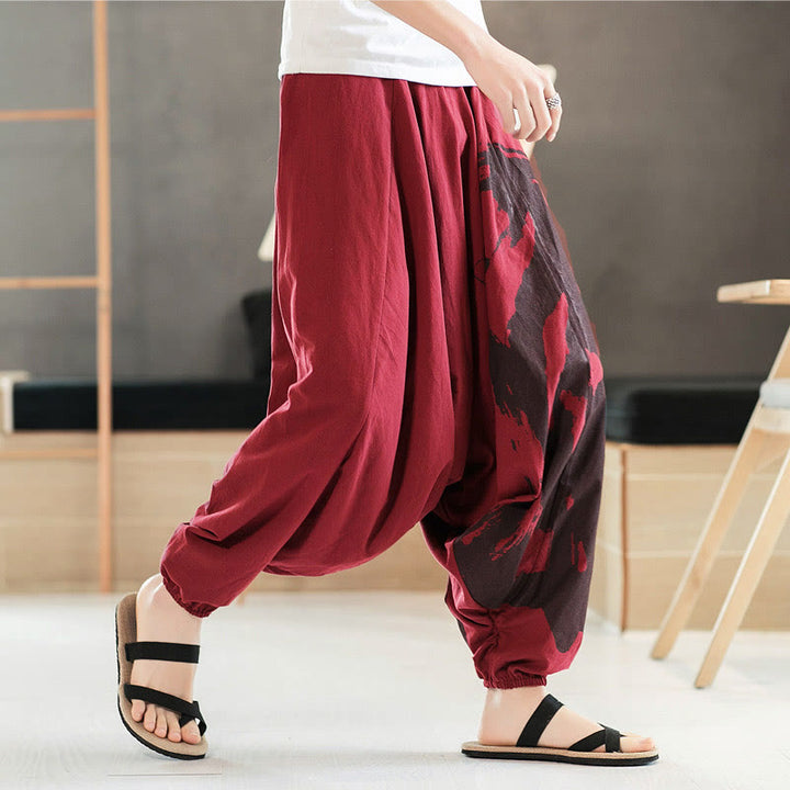 Pantaloni harem da uomo in cotone con tasche, motivo semplice estivo con calligrafia Buddha Stones