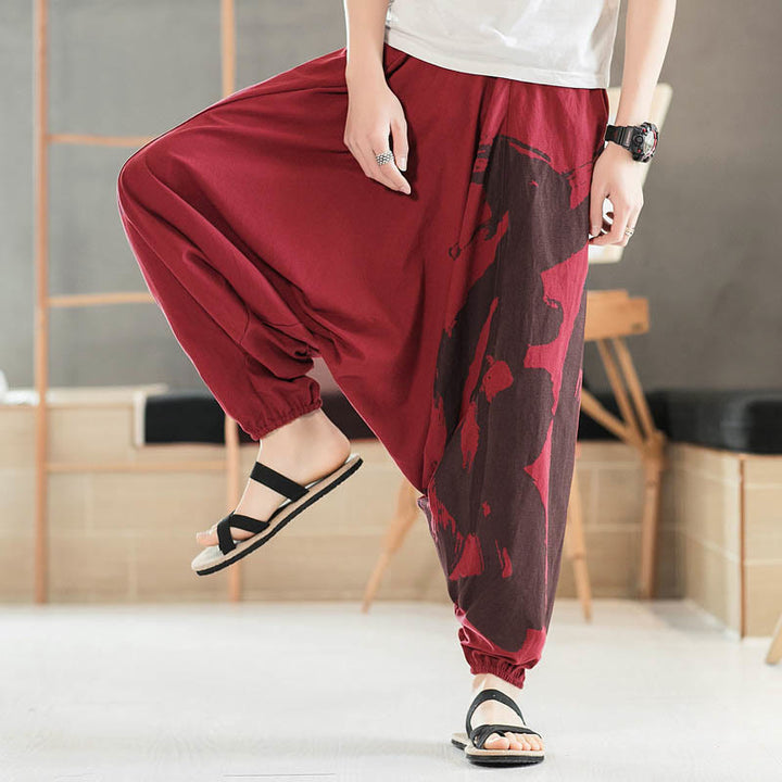Pantaloni harem da uomo in cotone con tasche, motivo semplice estivo con calligrafia Buddha Stones - Cremisi - US/UK/AU46, EU56 (5XL) - image 14