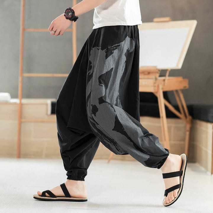 Pantaloni harem da uomo in cotone con tasche, motivo semplice estivo con calligrafia Buddha Stones