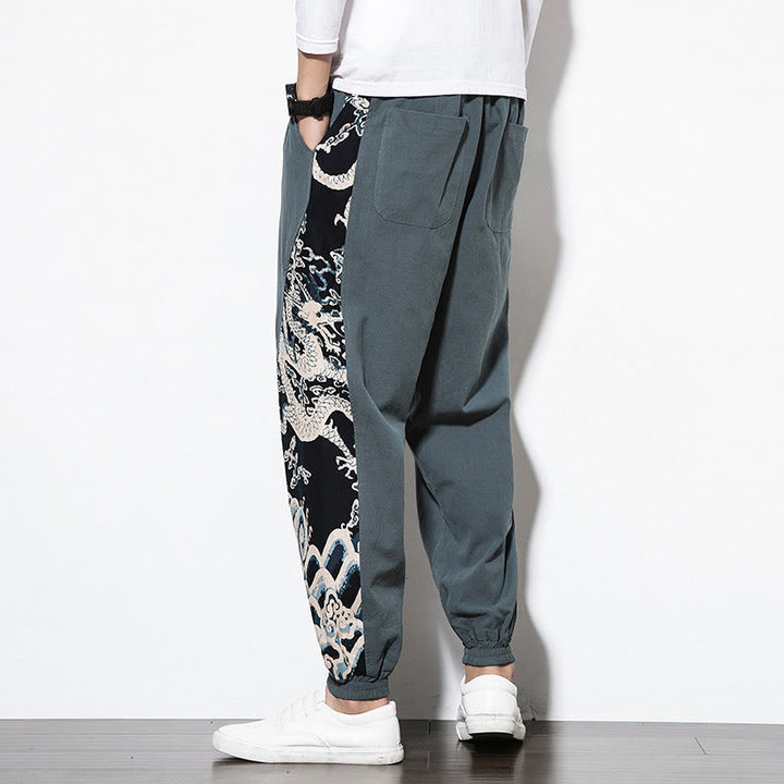 Pantaloni da uomo in cotone Buddha Stones Summer Dragon Waves con tasche - image 3