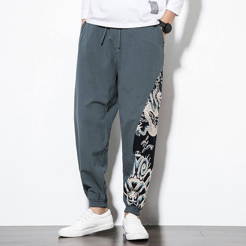 Pantaloni da uomo in cotone Buddha Stones Summer Dragon Waves con tasche - image 1