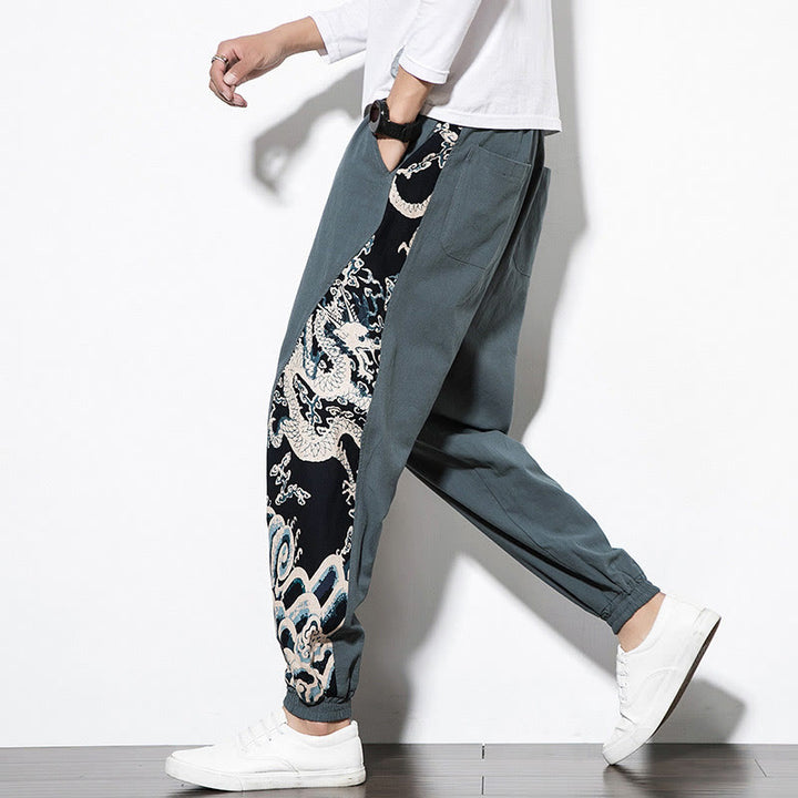 Pantaloni da uomo in cotone Buddha Stones Summer Dragon Waves con tasche