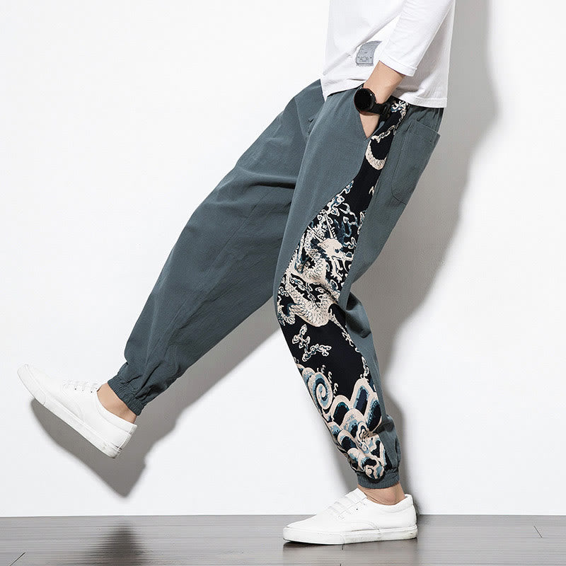 Pantaloni da uomo in cotone Buddha Stones Summer Dragon Waves con tasche