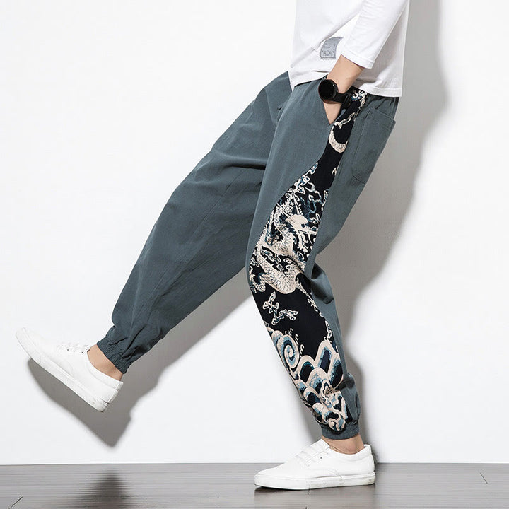 Pantaloni da uomo in cotone Buddha Stones Summer Dragon Waves con tasche