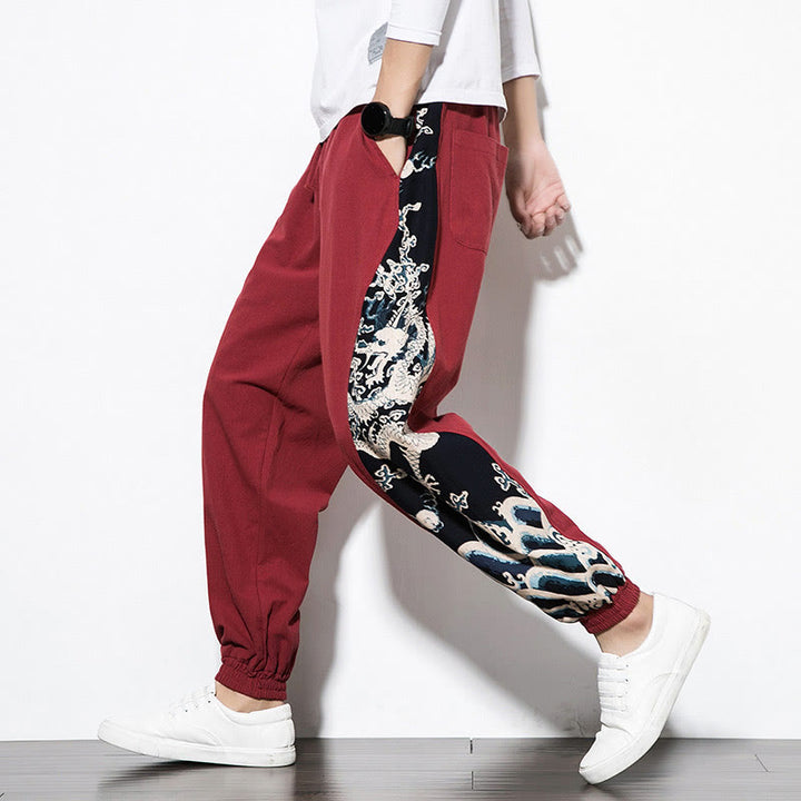 Pantaloni da uomo in cotone Buddha Stones Summer Dragon Waves con tasche - Rosso - US/UK/AU46, EU56 (5XL)  - image 20