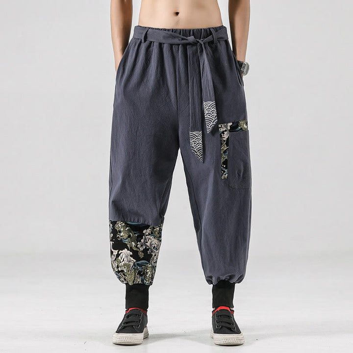 Pantaloni harem da uomo in cotone con lacci e tasche Buddha Stones Ocean Waves - Grigio chiaro - US/UK/AU46, EU56 (5XL)  - image 23