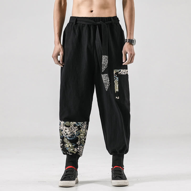 Pantaloni harem da uomo con lacci e tasche, con stampa "Onde oceaniche" e motivo Buddha Stones. - Nero - US/UK/AU46, EU56 (5XL)  - image 0