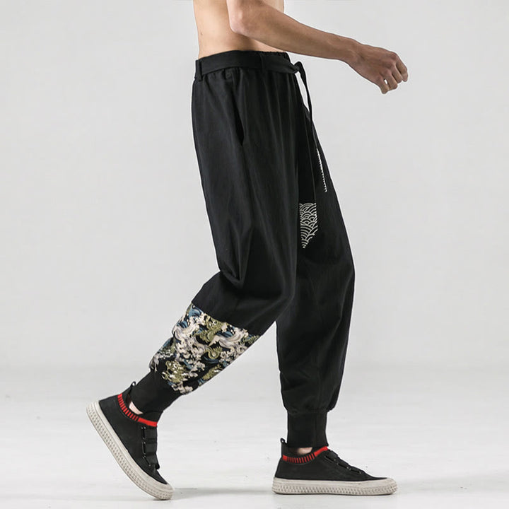 Pantaloni harem da uomo con lacci e tasche, con stampa "Onde oceaniche" e motivo Buddha Stones. - image 5