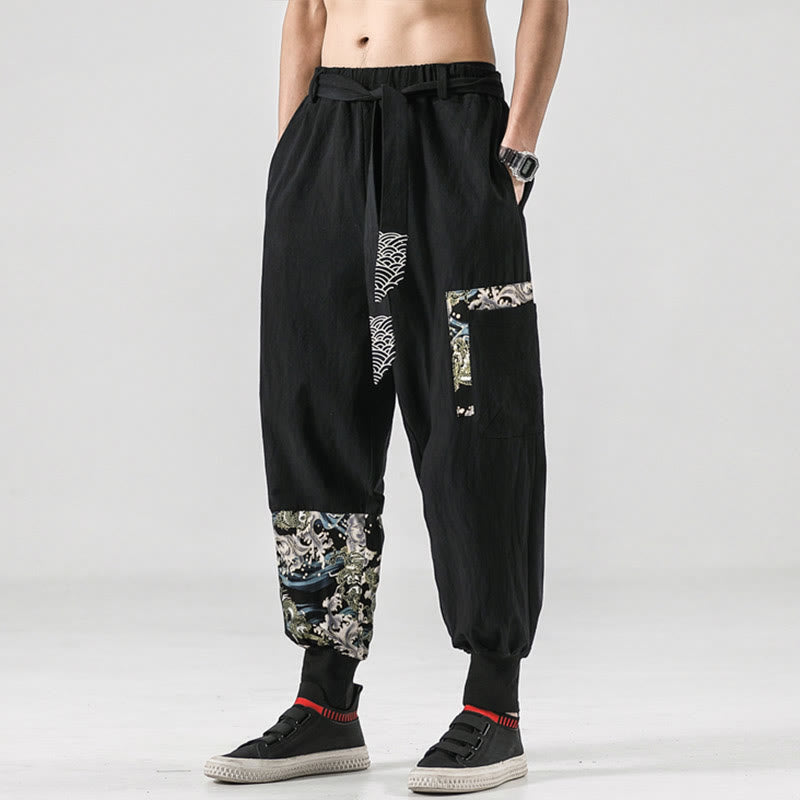 Pantaloni harem da uomo con lacci e tasche, con stampa "Onde oceaniche" e motivo Buddha Stones. - image 3