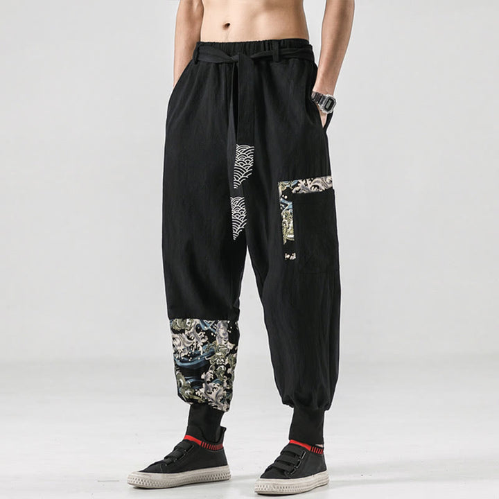 Pantaloni harem da uomo con lacci e tasche, con stampa "Onde oceaniche" e motivo Buddha Stones. - image 3